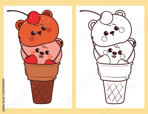 cute hand drawn cartoon bear with ice cream cone for coloring page