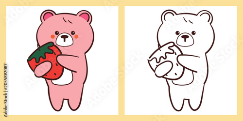 cute hand drawn cartoon bear holding a strawberry for coloring page
