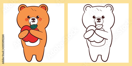 cute hand drawn cartoon bear holding an apple for coloring page