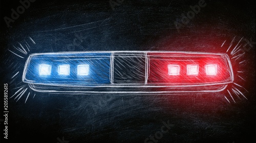 Flashing red and blue emergency lights illuminate a dark, textured background