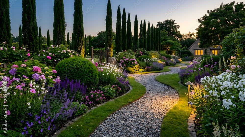 Fototapeta premium Serene garden pathway with blooming flower beds at golden hour in lush park setting