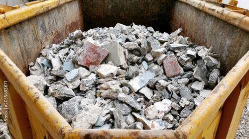A full industrial bin overflowing with broken construction debris, tiles, and concrete