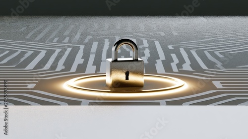 Shiny padlock on glowing circuit board, symbolizing data protection