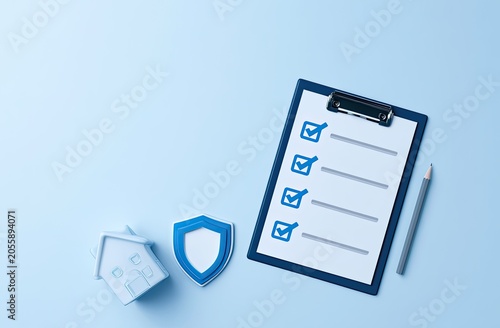 Checklist on clipboard, house, and shield symbolize safety and security