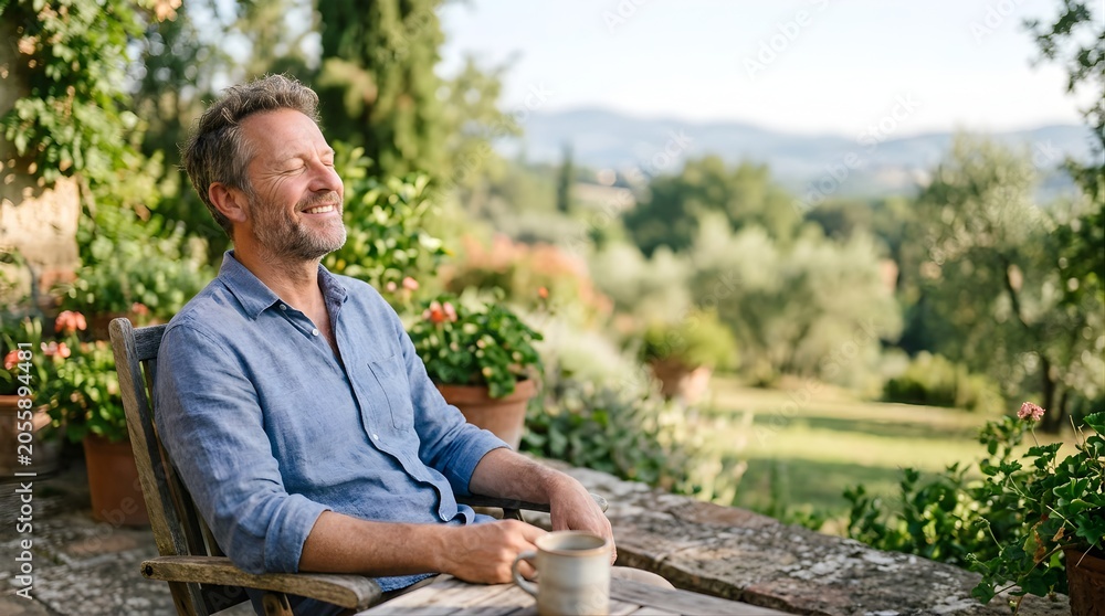 Fototapeta premium Mature man relaxing with coffee on a sunlit terrace in the countryside
