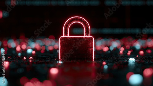 Glowing red padlock on a dark, abstract digital background