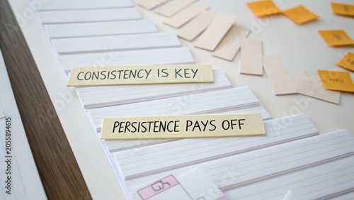 Inspirational Notes on Table for Motivation and Productivity - Consistency is Key, Persistence Pays Off