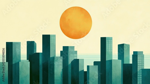 Stylized cityscape with a warm sun rising over tall buildings