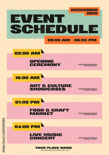 Modern retro event schedule poster template design with bold typography and pastel color. Design element can be used festival, concert, exhibition. Vector illustration.