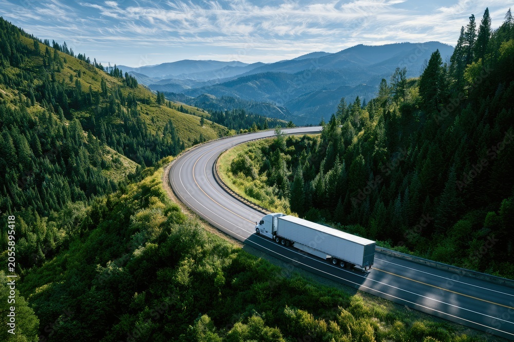Fototapeta premium White semi-truck navigates a winding road through a lush, green mountain landscape