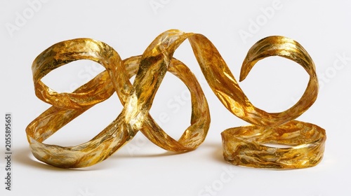 A flowing, crinkled golden ribbon sculpture on a white background