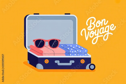 Flat vector illustration of a packed suitcase with clothes and sunglasses on an orange background with the text Bon Voyage