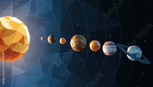 Polygonal sun and planets orbit in a stylized, low-poly solar system