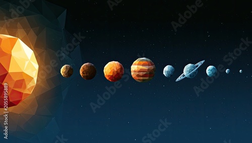 Geometric solar system with radiant sun and stylized planets in cosmic expanse
