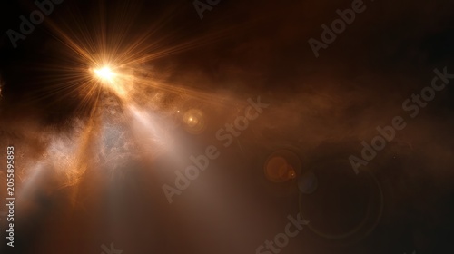 Intense bright light piercing through smoky, nebulous atmosphere with lens flares