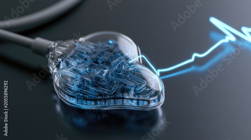 Futuristic medical device, heart-shaped, with glowing blue energy pulse