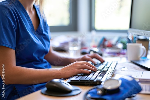 A medical professional in scrubs types on a computer, with medical equipment nearby