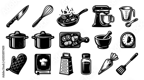 Black and White Kitchen Utensils and Appliances Line Art Icons Set