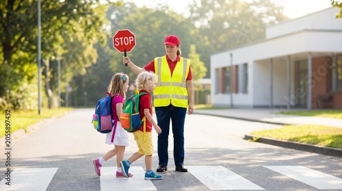 School crossing guard helping young children cross the street safely on a crosswalk near school building, concept of road safety and education for primary school students