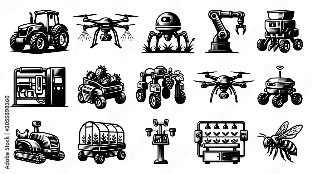 Obraz premium Modern Agriculture Technology Icons: Tractor, Drone, Robot, Greenhouse, Bee