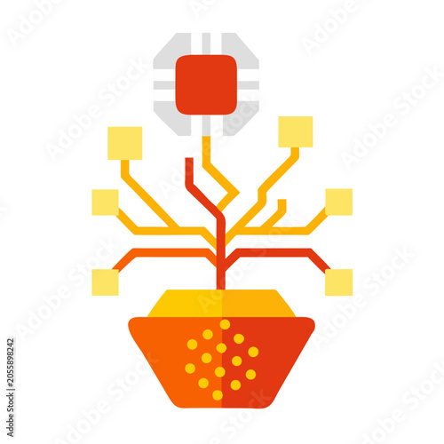 Circuit Bonsai Tree Vector - Digital Growth Technology Icon with CPU Chip Flower and Data Pot