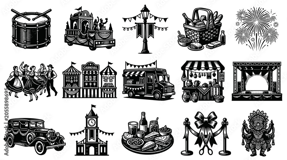 Obraz premium Vintage Carnival Fair Icons Black and White Line Art Set