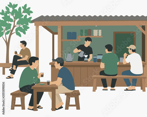 Minimalist illustration of a local coffee shop counter with a barista serving customers