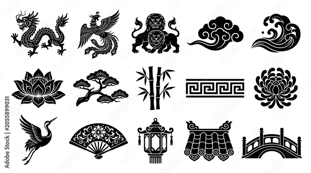 Fototapeta premium East Asian Traditional Culture Vector Icons Set. Black White Glyphs Symbols for Oriental Design Elements.