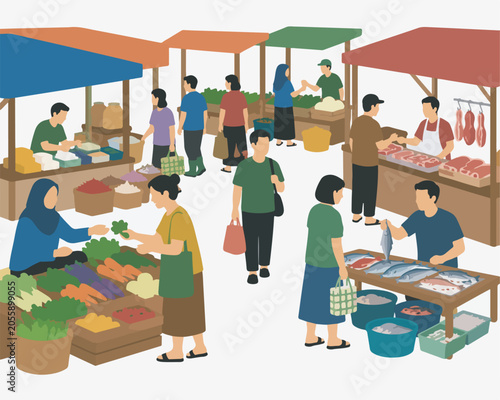 Traditional market vector illustration with people shopping for fresh vegetables, fruits, fish, and meat at local stalls.