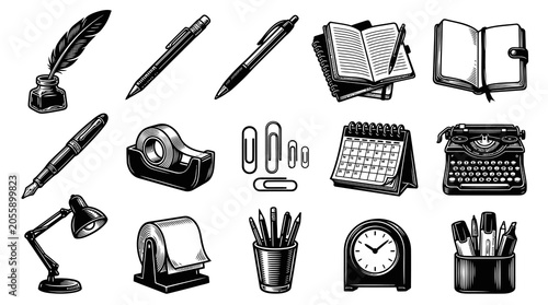 Black and White Vintage Office Supplies Set. Hand Drawn Stationery and Desk Accessories in Engraving Line Art Style.