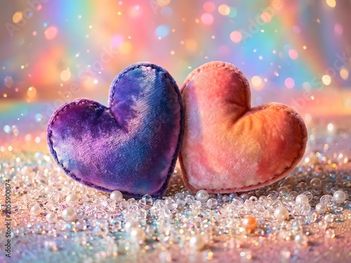 World friendship day two velvet hearts with bokeh lights and pearls