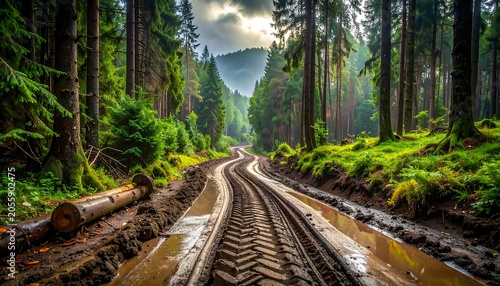 Muddy dirt logging road with heavy machinery tire tracks in forest
