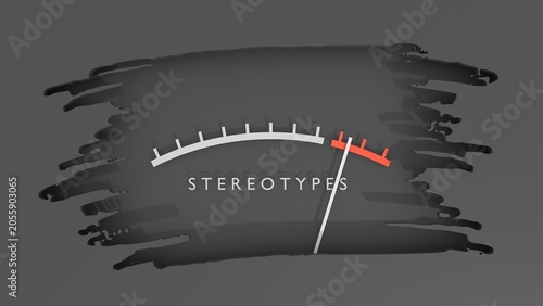 Indicator of stereotypes. Meter showing dangerously increasing high values. Human behavior, social dynamics and cognitive bias. 3D render