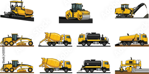 Foto Professional road construction heavy machinery set including asphalt paver road