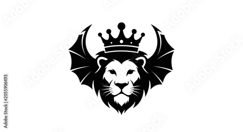 Foto Black and white lion face with crown and bat wings, symbolizing power and royalt