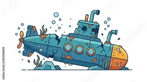 Fotografie Cartoon illustration of a rusty sunken submarine underwater.
