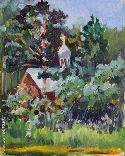 Сhurch in the pine forest. Oil painting on canvas