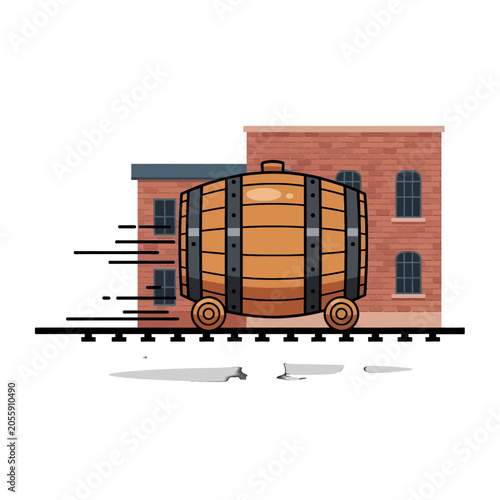 Fotografija A wooden barrel on wheels moves quickly past a brick building