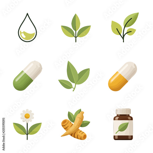 Fotografie A collection of natural health icons featuring plants and medicine capsules