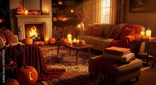 Cozy Family Gathering by Warm Fireplace in Rustic Living Room at Night