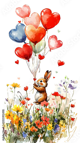 cute little animals with balloons wallpaper showcasing kawaii animal Whimsical Bunny Holding Heart-Shaped Balloons in Spring Wildflower Meadow Illustration