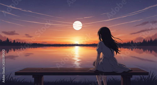 Young Woman Sitting on Bench Watching Sunset Over Calm Lake