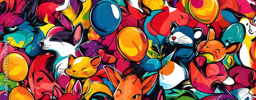 cute little animals with balloons wallpaper showcasing kawaii animal Vibrant Abstract Animal Illustration with Balloons: Colorful Wildlife Celebration Art