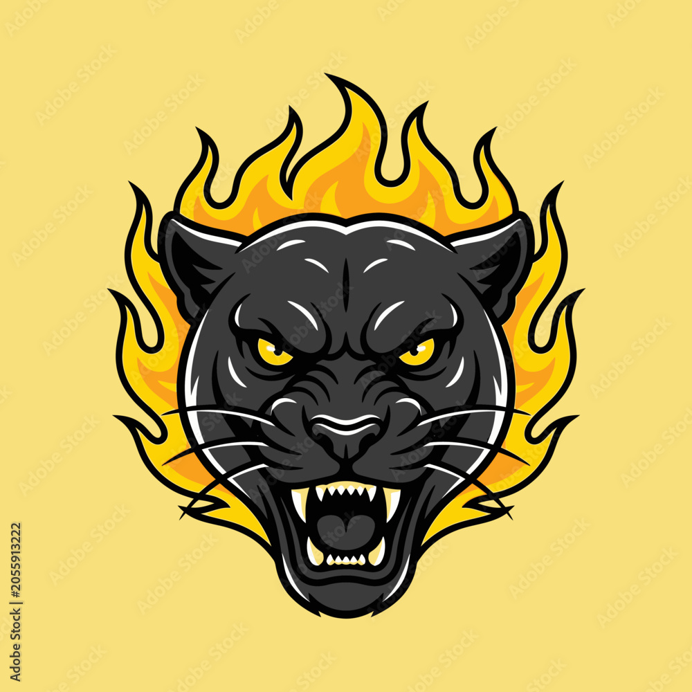 Fototapeta premium Aggressive black panther head mascot logo with fire background.