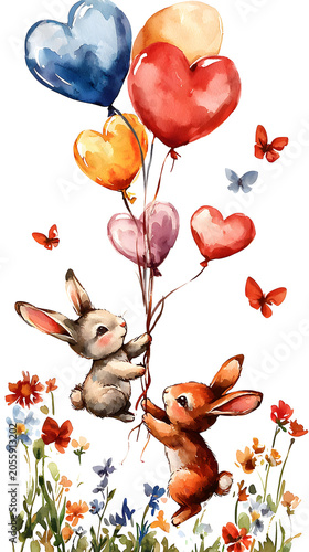 cute little animals with balloons wallpaper showcasing kawaii animal Charming Watercolor Illustration of Bunnies with Heart Balloons Amidst Colorful Meadow for Whimsical Nursery Decor