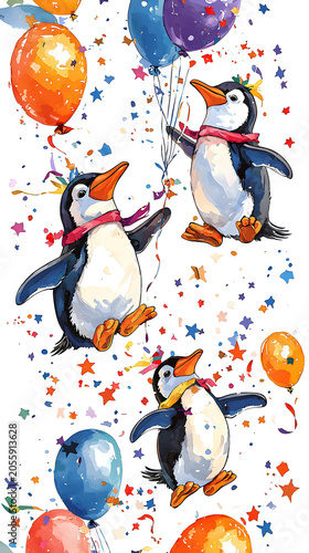 little animals with balloons wallpaper featuring adorable woodland friends floating through Playful Penguins Celebrating with Colorful Balloons and Confetti in a Vibrant Party Scene Illustration