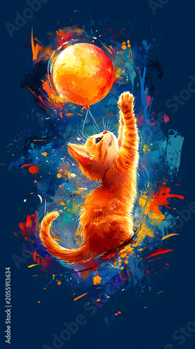 little animals with balloons wallpaper featuring adorable woodland friends floating through a dreamy pastel sky Whimsical Kitten Reaches for Vibrant Balloon in Colorful Abstract Art on Dark Background