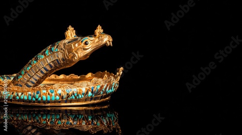 uraeus. Detailed golden cobra crown with turquoise inlays resting on black velvet. event programs, museum guides, designed for cultural heritage projects and event programs, used by recruiters.