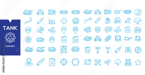 Fotografi Military Tank Icon Set: A comprehensive collection of outline icons representing various military vehicles, equipment, and symbols related to tanks and warfare
