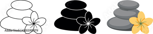 Vector set of zen spa stones icons with frangipani flower in outline black silhouette and grey flat cartoon styles